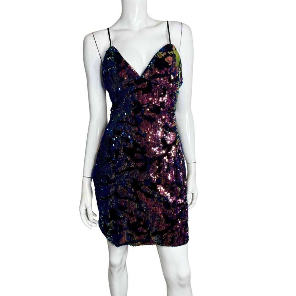 Etiquette Womens Iridescent Sequin Mini Dress Lace Up Back Multicolor Medium